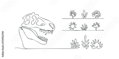 One line drawing of dinosaur skull with foliage