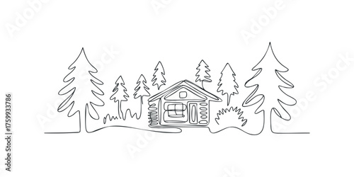 Cabin among pine trees drawn with single continuous line