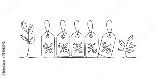 Five hanging price tags with percent symbols and plants