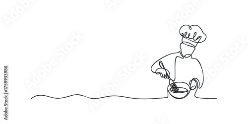 Chef whisks ingredient in bowl minimalist line art