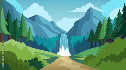 A magnificent waterfall roaring in the distance beckoning travelers through a winding path in the forest.