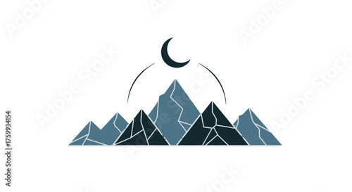 Abstract Geometric Mountain Range Under Crescent Moon Depicted On Black Background