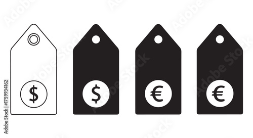 Price tags with dollar and euro currency symbols isolated on transparent background