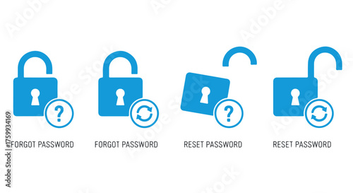 Blue lock icons illustrating password reset and forgot password options isolated on transparent background
