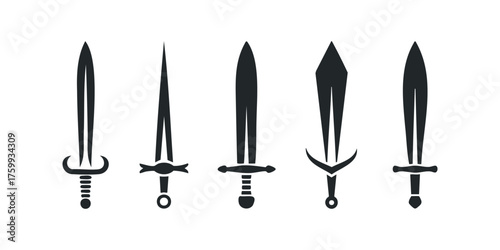 Five Silhouettes of Medieval Swords on White Background