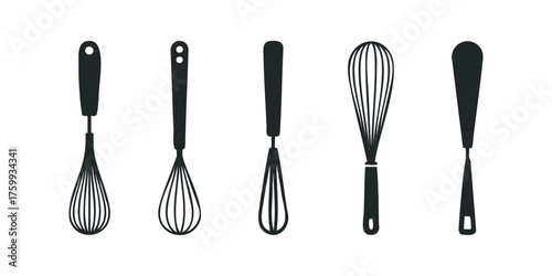 Collection of five kitchen whisks and spatulas in silhouette