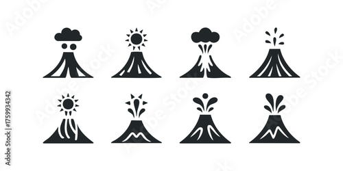 Set of stylized volcano icons with eruptions and celestial bodies