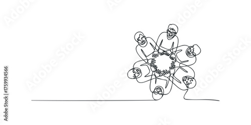 Group of people holding hands in circle with continuity line