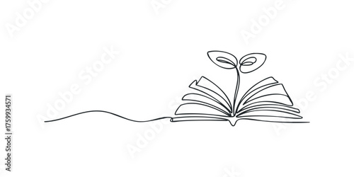 Single line drawing of open book with sprouting plant