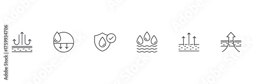 Water Proof icons. Collection of water resistant signs. Water protection, liquid proof protection. Shield with water drop. Vector illustration.