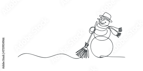 One line drawing of a snowman holding a broom