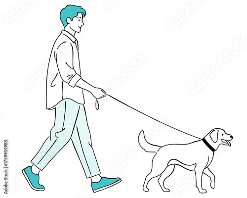 犬（ペット）の散歩をする男性の線画イラスト,ペット,リード,日常,ライフスタイル,動物