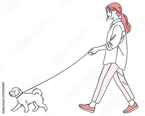 犬（ペット）の散歩をする女性の線画イラスト,ペット,リード,日常,ライフスタイル,動物