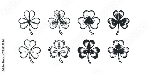 Set of Engraved Clover Leaves on White Background
