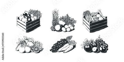 Assortment of Fresh Produce in Wooden Crates and Piles