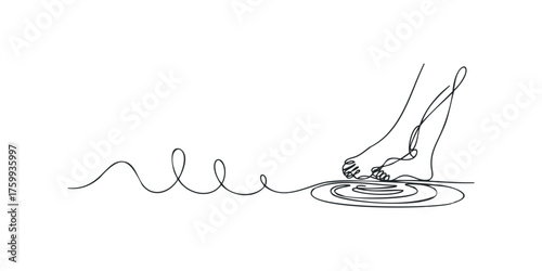 Continuous line drawing of bare feet touching water surface