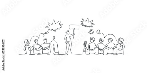 Continuous line drawing of people at a protest or rally with signs and flowers