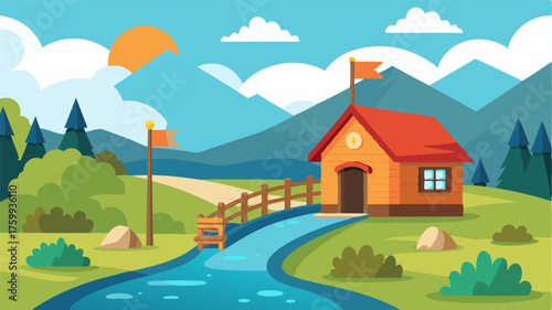 A picturesque post office situated next to a babbling brook its wooden bridge leading the way to the entrance.