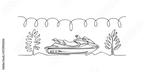 Continuous line drawing of a jet ski on water with foliage