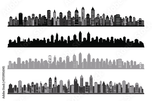 four skyline silhouettes vector set horizontal city outlines detailed windows solid fill and shaded variations ai eps png jpeg