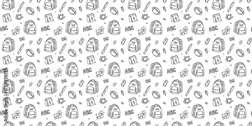 Seamless pattern with school supplies on a white background. Cute doodle vector in outline style 