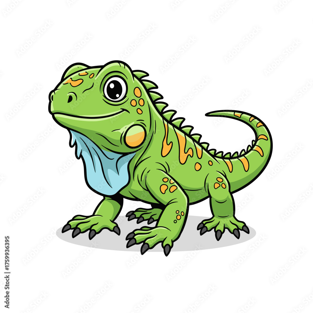 Fototapeta premium Cute cartoon iguana with colorful markings and cheerful expression, on white background, copy space