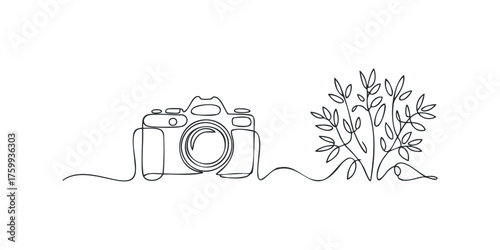 Continuous line drawing of a camera next to a plant