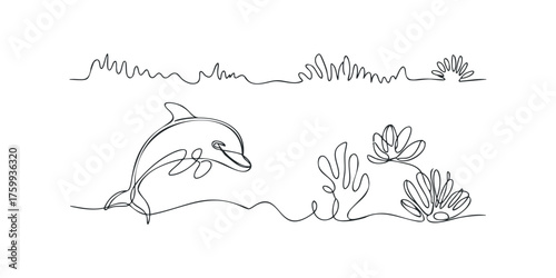 Minimalist single line drawing of a jumping dolphin and sea plants