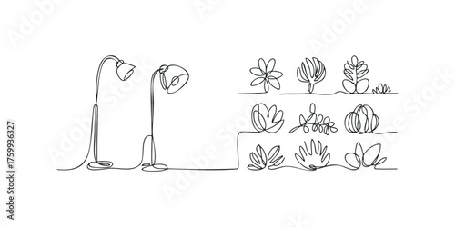 Minimalist line art of two floor lamps and various plant forms