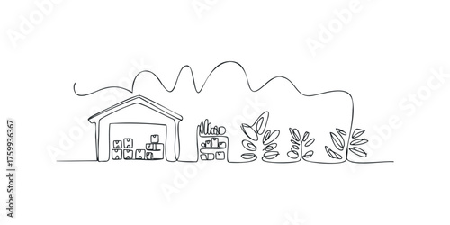 Simple warehouse with stacked boxes and leafy plants