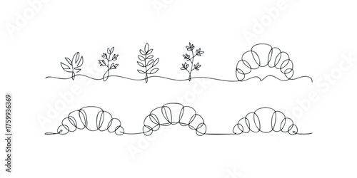 Abstract line drawing of growing plants and croissants
