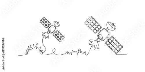 Two satellites in orbit against a simple background