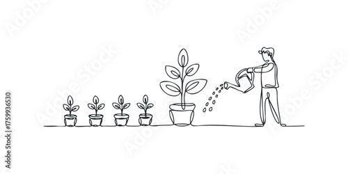 Man watering plants progressing in size