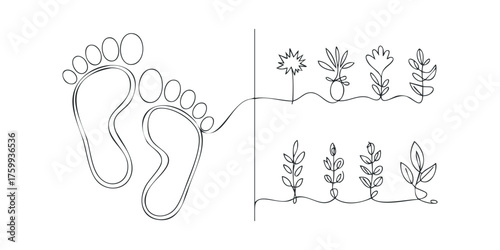 Continuous line drawing of footprints connected to plants