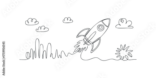 Rocket ship launching with simple line art clouds and ground