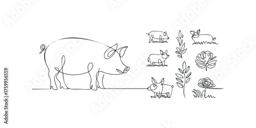 Continuous line drawing of a pig family with plants