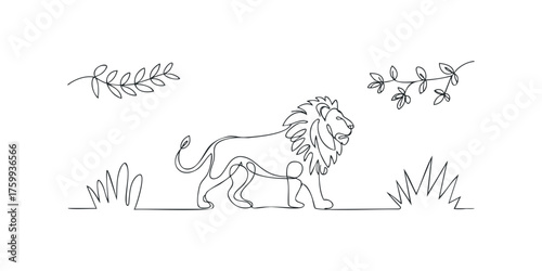 Single line drawing of a lion with mane and vegetation