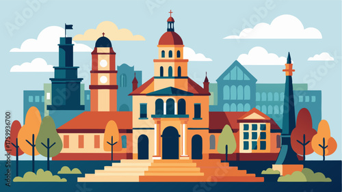 A grand town square featuring a towering courthouse with Romanesque architecture and a bronze statue of a historical figure.