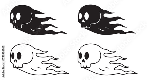 Four flaming skull ghost icons, two black and two white, isolated on transparent background