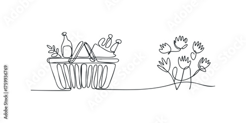 Single line drawing of a shopping basket with items and flowers