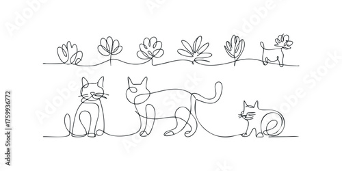 Abstract continuous line drawing of animals and plants