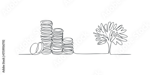 Stacked coins and flourishing tree simple line drawing