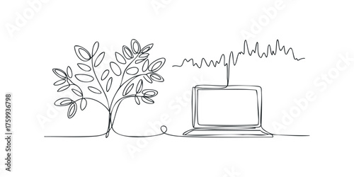Continuous line drawing of a plant connected to a laptop displaying data