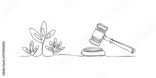 Gavel and plant single line drawing