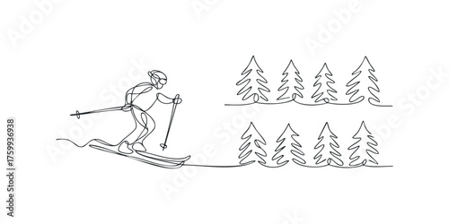 Minimalist line art of a skier gliding downhill next to trees