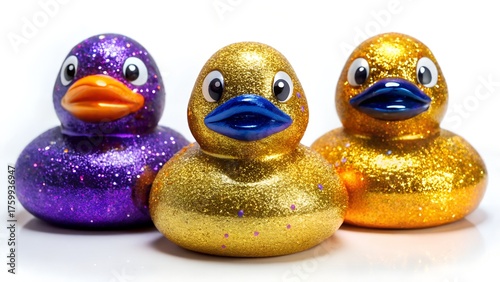 Three festive sparkling chocolate easter ducklings in purple gold and orange foil wrappers arranged on a white background