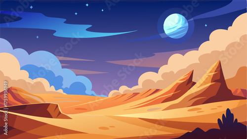 A desert valley with wispy clouds passing over the moon creating a play of light and shadow on the sand below.