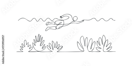 Minimalist single line drawing of person swimming in wavy water