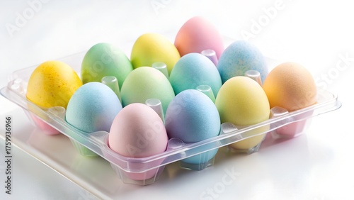 A dozen pastel colored easter eggs in a clear plastic carton arranged in a grid on a white background