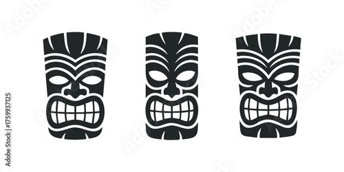 Three Stylized Tiki Masks with Exaggerated Features